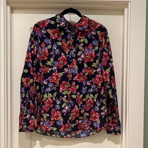 Lands' End Floral Button Down Shirt - Red and Blue, size 14